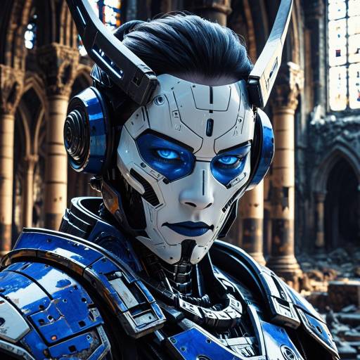 Cyborg Samurai in Ruined Cathedral Scene