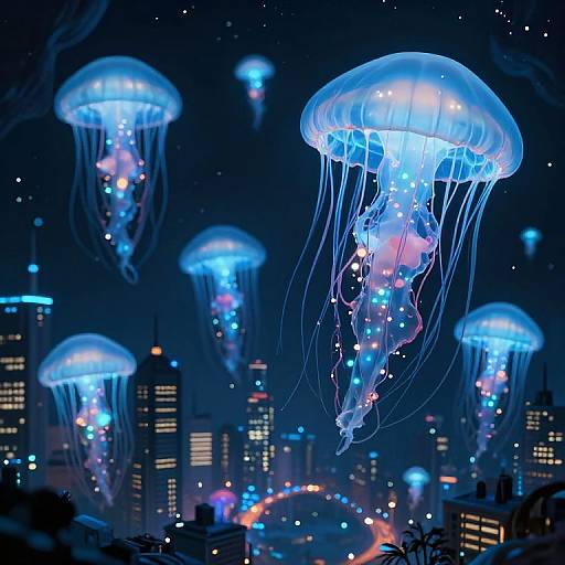 Photograph of glowing blue jellyfish with illuminated patterns floating above a dark cityscape with lit skyscrapers and a Ferris wheel at night.
