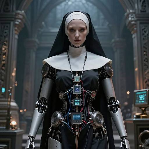 Symmetrical Cyborg Nun in Temple