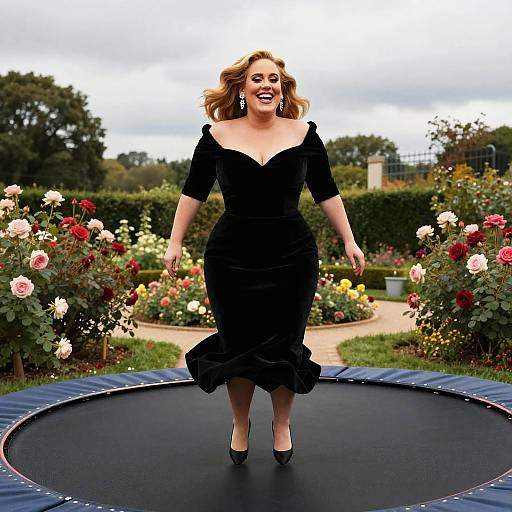 Woman in Black Velvet Gown Jumping on Trampoline in Rose Garden