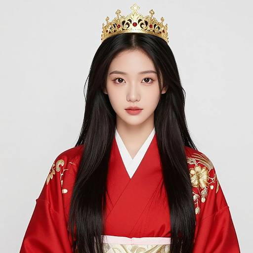 Asian Girl in Red Kimono with Crown