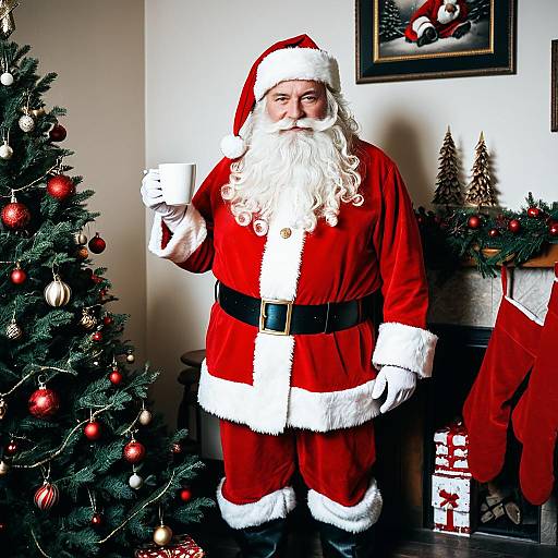 Funny Santa Standing with Coffee