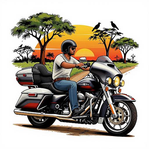 Illustration of a man in a white shirt and blue jeans riding a black Harley-Davidson motorcycle at sunset, with two birds perched on a