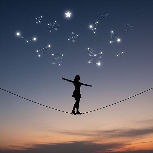 Silhouette of a girl balancing on a tightrope against a twilight sky, with twinkling constellations overhead, in a photograph.