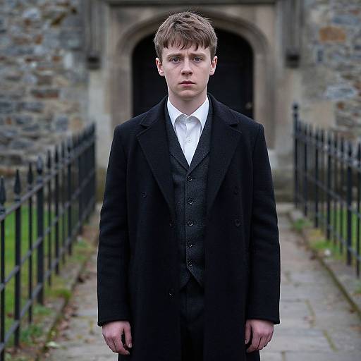 Photograph of a young Caucasian man with short brown hair, wearing a black three-piece suit and white shirt, standing in front of a stone archway