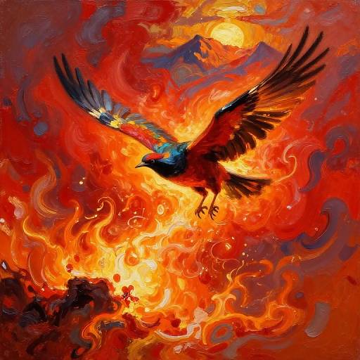 Vibrant digital painting of a black and blue bird with outstretched wings soaring through a fiery, swirling red, orange, and yellow sky with