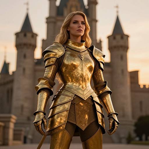 Golden Armored Woman at Sunset Castle