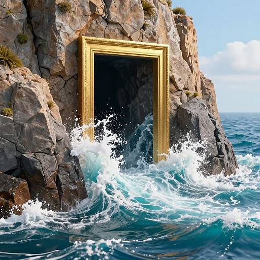 Photorealistic CGI: Golden-framed doorway embedded in rocky cliff, waves crashing against it, ocean background, bright sky, dramatic contrast, surreal scene