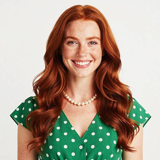 Photograph of a smiling red-haired woman with freckles, wearing a green polka dot dress and white shell necklace, against a plain white background