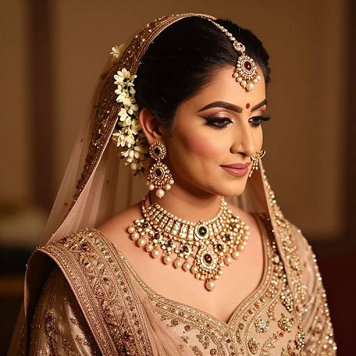 Photograph of an Indian bride in traditional attire, adorned with intricate gold jewelry, veil, and elaborate makeup, with a warm, softly lit background.