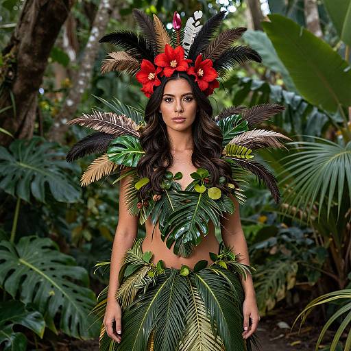 Photograph of a woman with dark hair, wearing a vibrant tropical headdress and leafy, feathered costume, standing in a lush jungle.