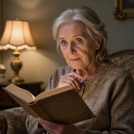 Photograph of an elderly white woman with silver hair, wearing a brown patterned sweater, reading a book in a dimly lit room with a lamp
