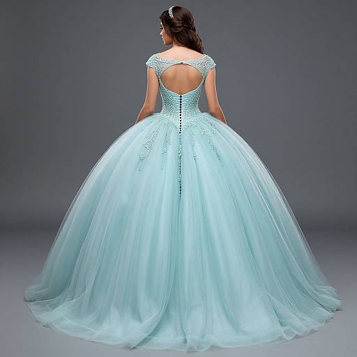 Photograph of a woman from behind in a light blue, backless, full-skirted ball gown with intricate beadwork and sheer tulle.