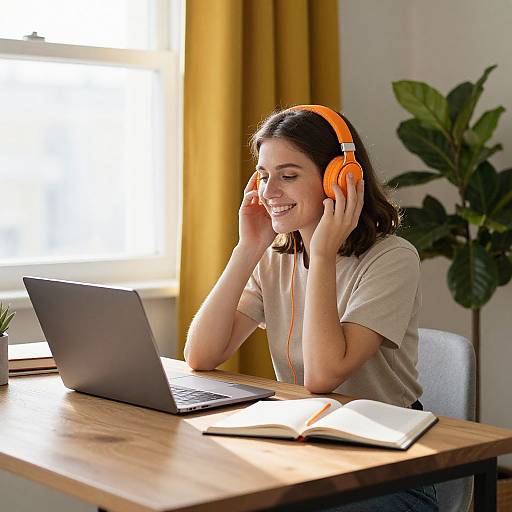 Photograph of a smiling young woman with fair skin, dark hair, wearing orange headphones, beige shirt, sitting at a wooden table with a laptop and