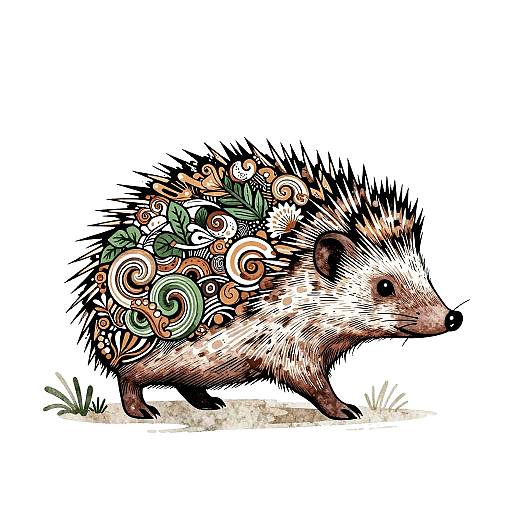 Digital drawing of a stylized hedgehog adorned with intricate, swirling floral patterns in green, orange, and brown, standing on grass.