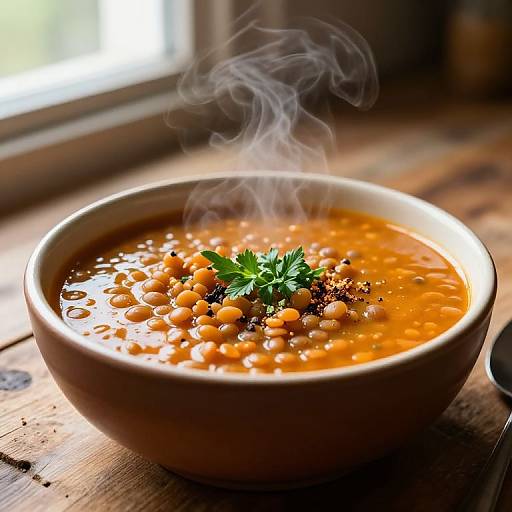 Photograph of a steaming bowl of orange bean soup with garnished parsley on a wooden table by a window.