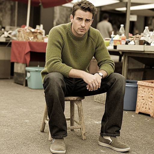 Photograph of a young man with short dark hair, wearing a green knit sweater, black jeans, and brown shoes, sitting on a wooden stool in