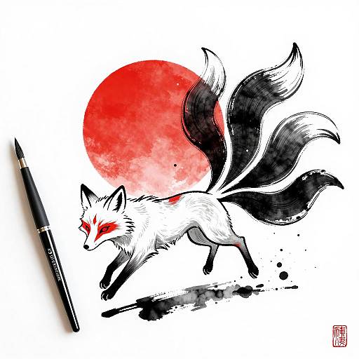 Dynamic White Fox with Flowing Tails