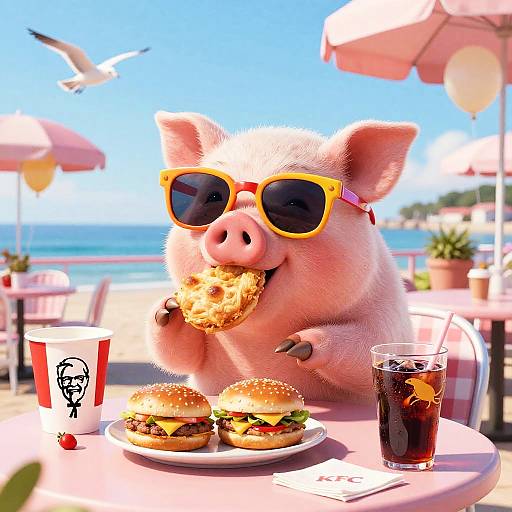 Happy Piglet Enjoying Retro Sci-Fi KFC