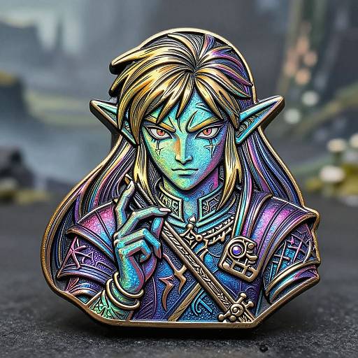 Digital art of a blue-toned, elf-like character with long blonde hair, pointed ears, and intricate armor, holding a sword, set against a