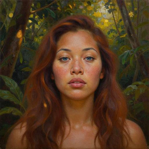 Digital painting of a young woman with freckled face, red wavy hair, bare shoulders, and serious expression, set against a lush, green