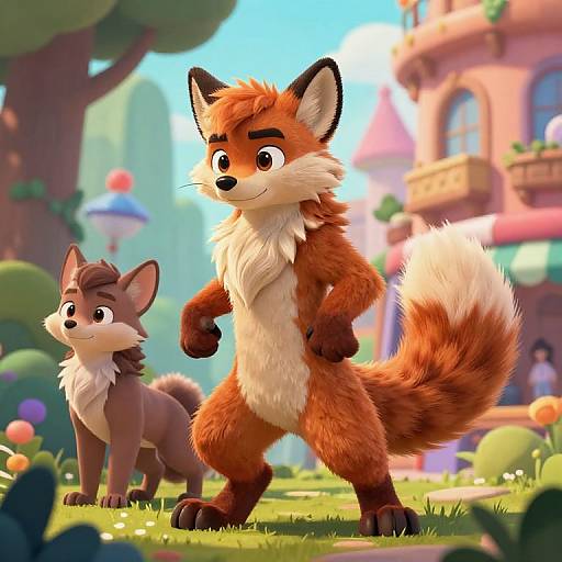 Digital illustration of two anthropomorphic foxes in a colorful, vibrant outdoor setting. The taller fox, with orange fur and white chest, stands confidently,