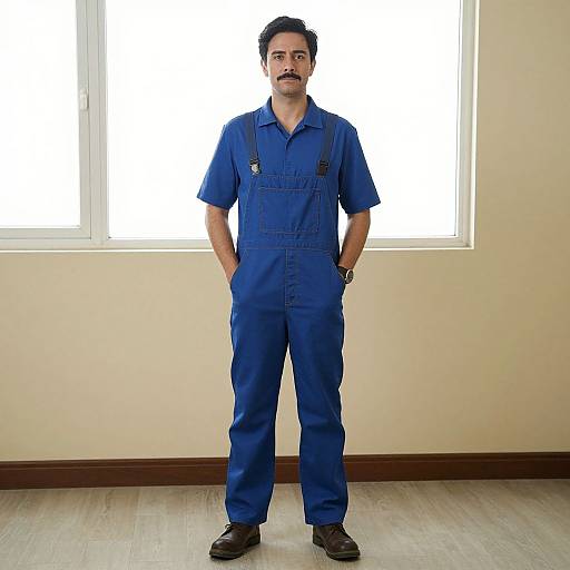 Photograph of a middle-aged man with a mustache, wearing blue medical scrubs, standing with hands in pockets, in front of a bright window