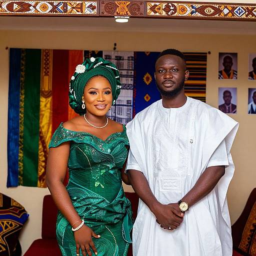 Photograph of an African couple; woman in green, off-shoulder dress with headwrap, man in white, short-sleeve garment;