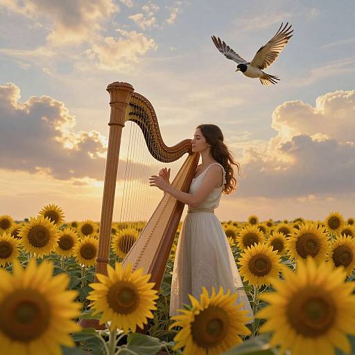 Photograph of a woman with long brown hair playing a wooden harp in a sunlit sunflower field, with a bird flying overhead.
