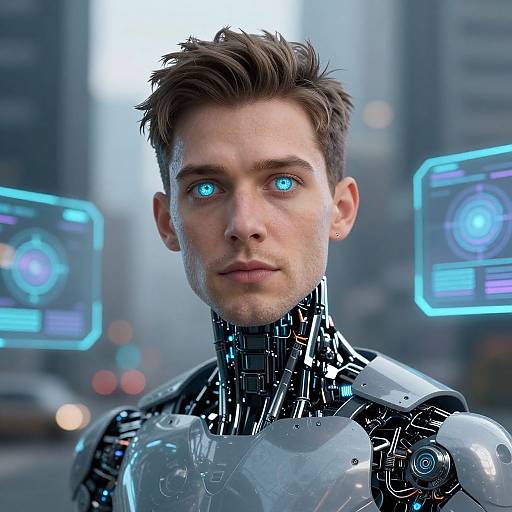 CGI image of a handsome, brown-haired man with glowing blue eyes, wearing a sleek, metallic cybernetic chest and neck, standing in a