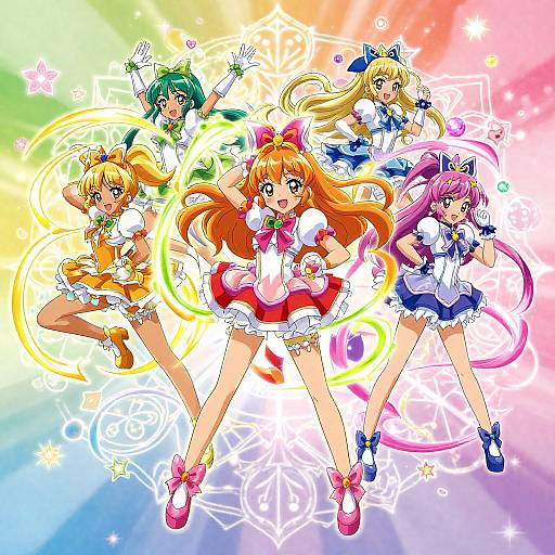 Digital anime illustration of five colorful magical girl characters in vibrant outfits, standing in a dynamic, rainbow-colored, star-filled background.