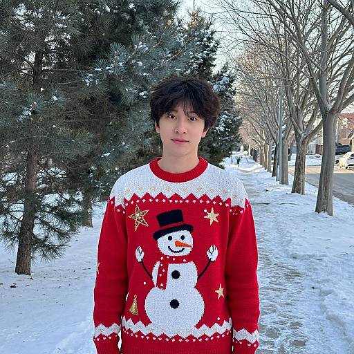 Photograph of a young boy with brown hair, wearing a red Christmas sweater with a snowman design, standing in a snowy park with trees and a