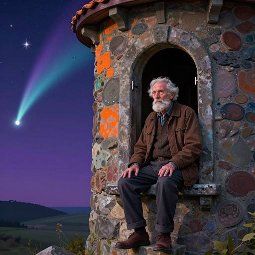 Elderly Man in Stone Watchtower at Night