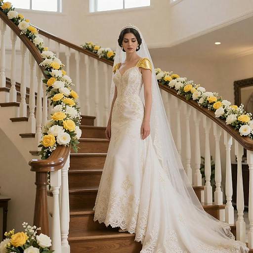 Elegant Bride Descending Grand Staircase