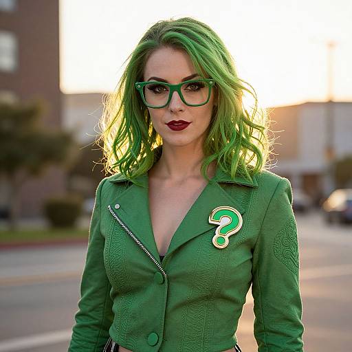 Photograph of a woman with green hair, glasses, and lipstick, wearing a green patterned jacket with a green question mark pin, standing on a