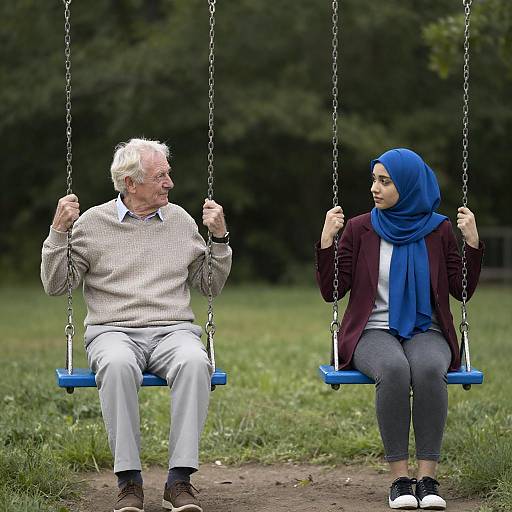 Elderly Man and Young Woman on Swings