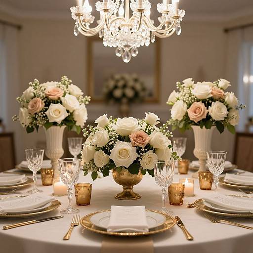 Elegant dining table setting with gold accents, white and pink roses, crystal glasses, gold candle holders, and a sparkling chandelier.