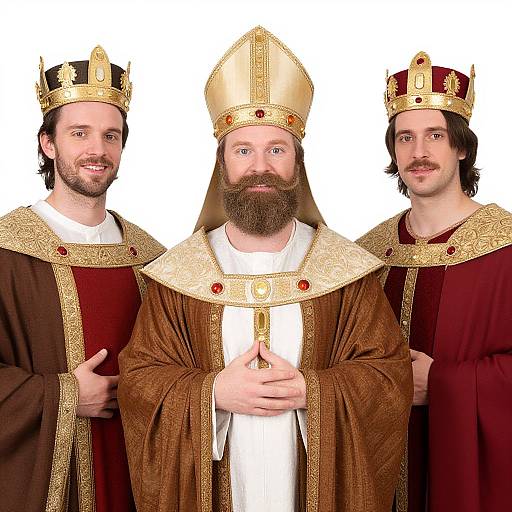 Photograph of three bearded men in royal regalia, with ornate gold and red crowns and robes, standing against a white background.