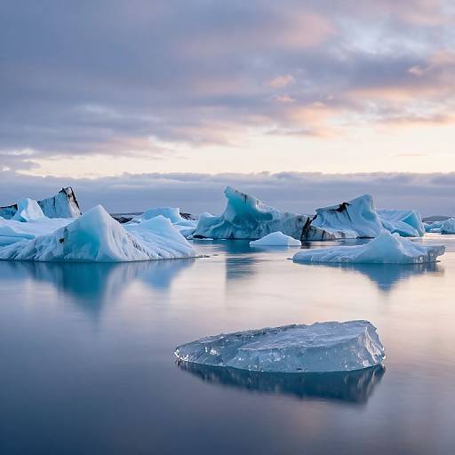 Photograph of serene Arctic waters with large, floating icebergs reflecting a soft, cloudy sky at sunrise or sunset.