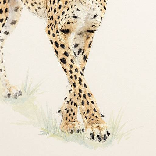 Close-up photograph of a cheetah's spotted legs and paws on white background, with small patches of green grass.