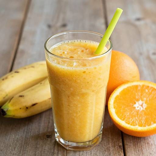 Photograph of a glass of orange smoothie with a green straw, beside bananas, an orange, and an orange slice on a wooden table.