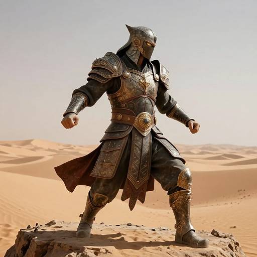 Digital art of a knight in ornate, silver armor with a helmet, standing in a sunlit desert, fists clenched, sand dunes in