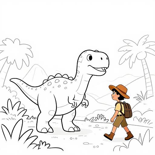 Cartoon-style drawing of a boy in a hat and shorts walking beside a small, friendly dinosaur through a palm tree-filled jungle.