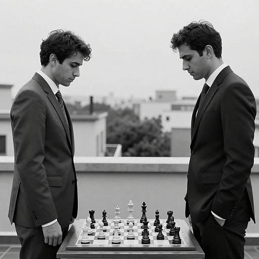 Black and White Photo of Two Men Playing Chess on Rooftop