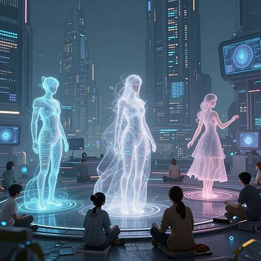 Ethereal AI Characters in Virtual Metropolis