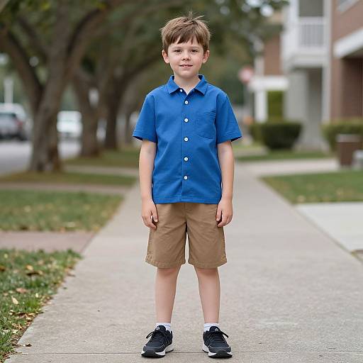 Photograph of a young boy with brown hair, wearing a blue shirt, beige shorts, and black sneakers, standing on a suburban sidewalk.