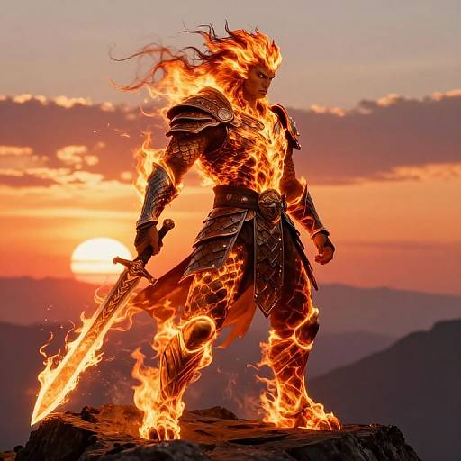 Photorealistic digital art of a fiery, armored warrior with flowing flames, holding a glowing sword, standing on a mountain at sunset.