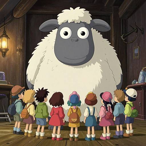 Cartoon children in colorful clothes stand before a giant, friendly woolly sheep in a wooden, lantern-lit room. Digital anime style.