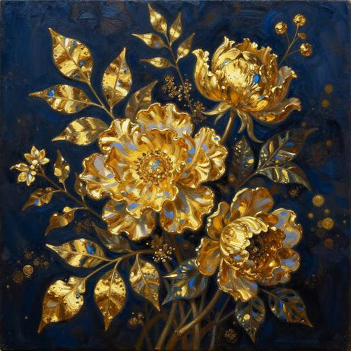 Vibrant Gold and Blue Floral Oil Painting