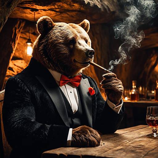 Sophisticated Bear Smoking Cigar in Cave
